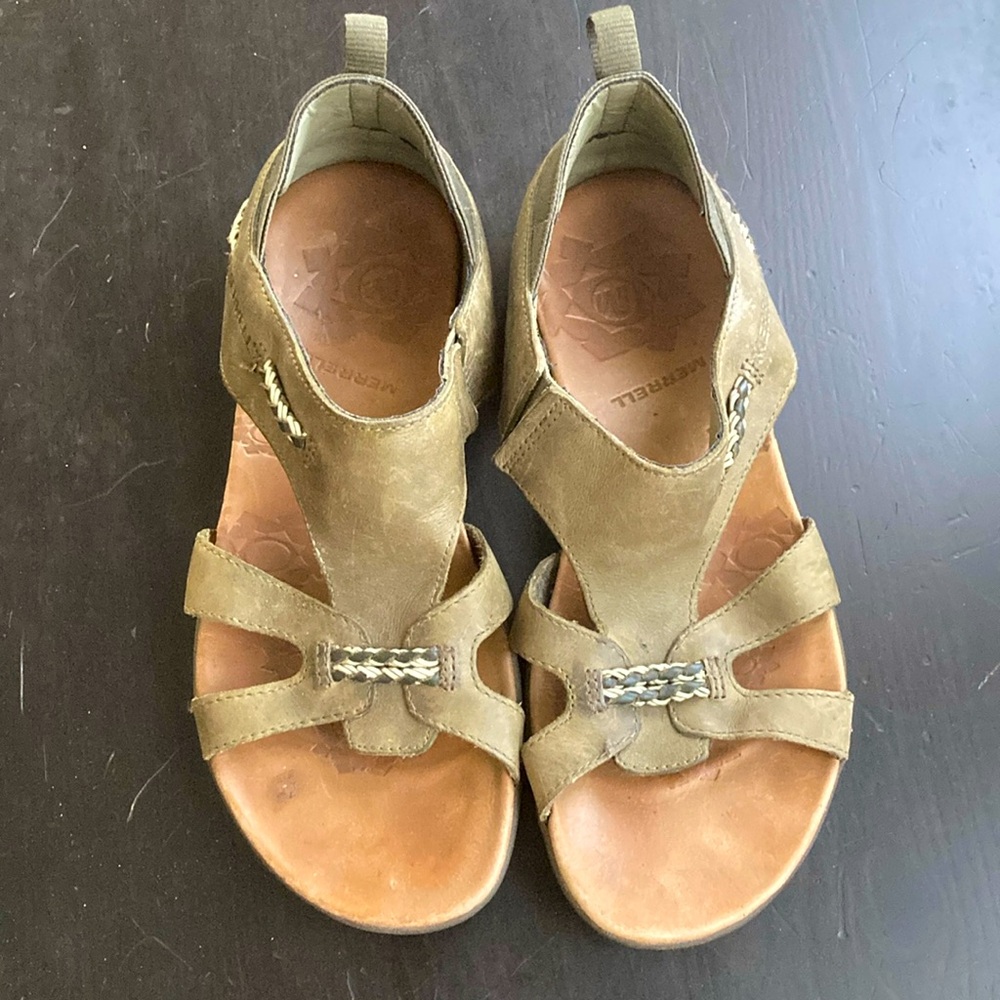 Merrell Leather Flaxen Sandals women’s 7 olive green/brown summer walking
